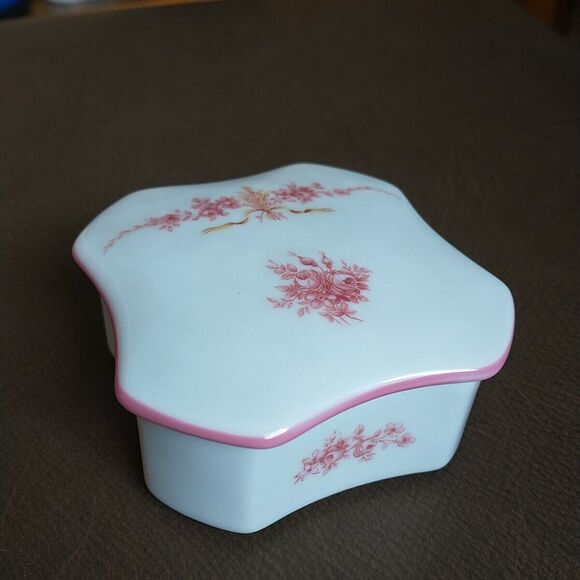 VTG Royal Porcelain Bavaria Trinket Box White Pink Flower Roses #73 Germany - Picture 1 of 9